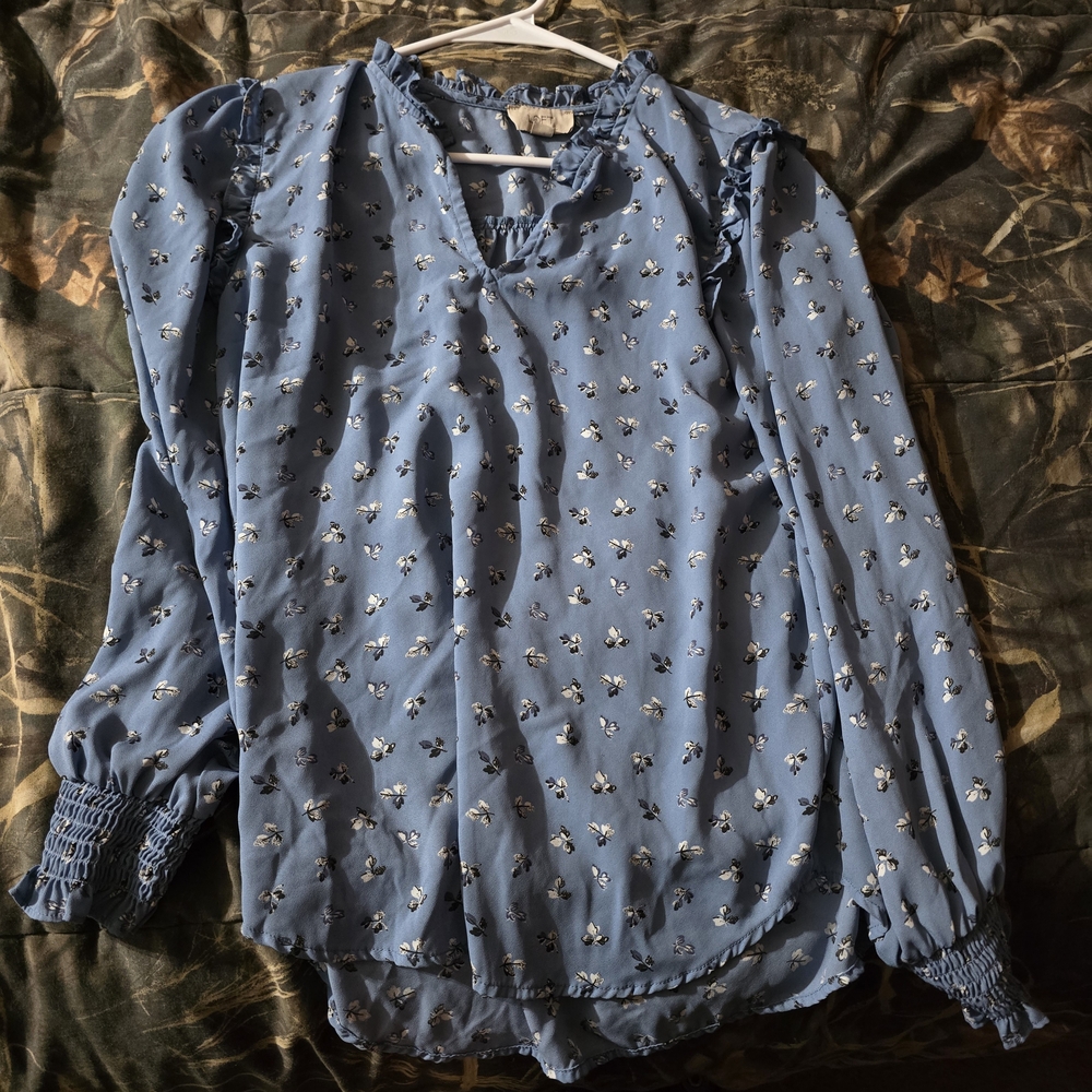 LOFT Blue Floral Blouse with Ruffle Details